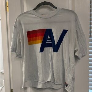 Authentic Aviator Nation White Tee with Blue, AV Logo and Orange/Red Stripes